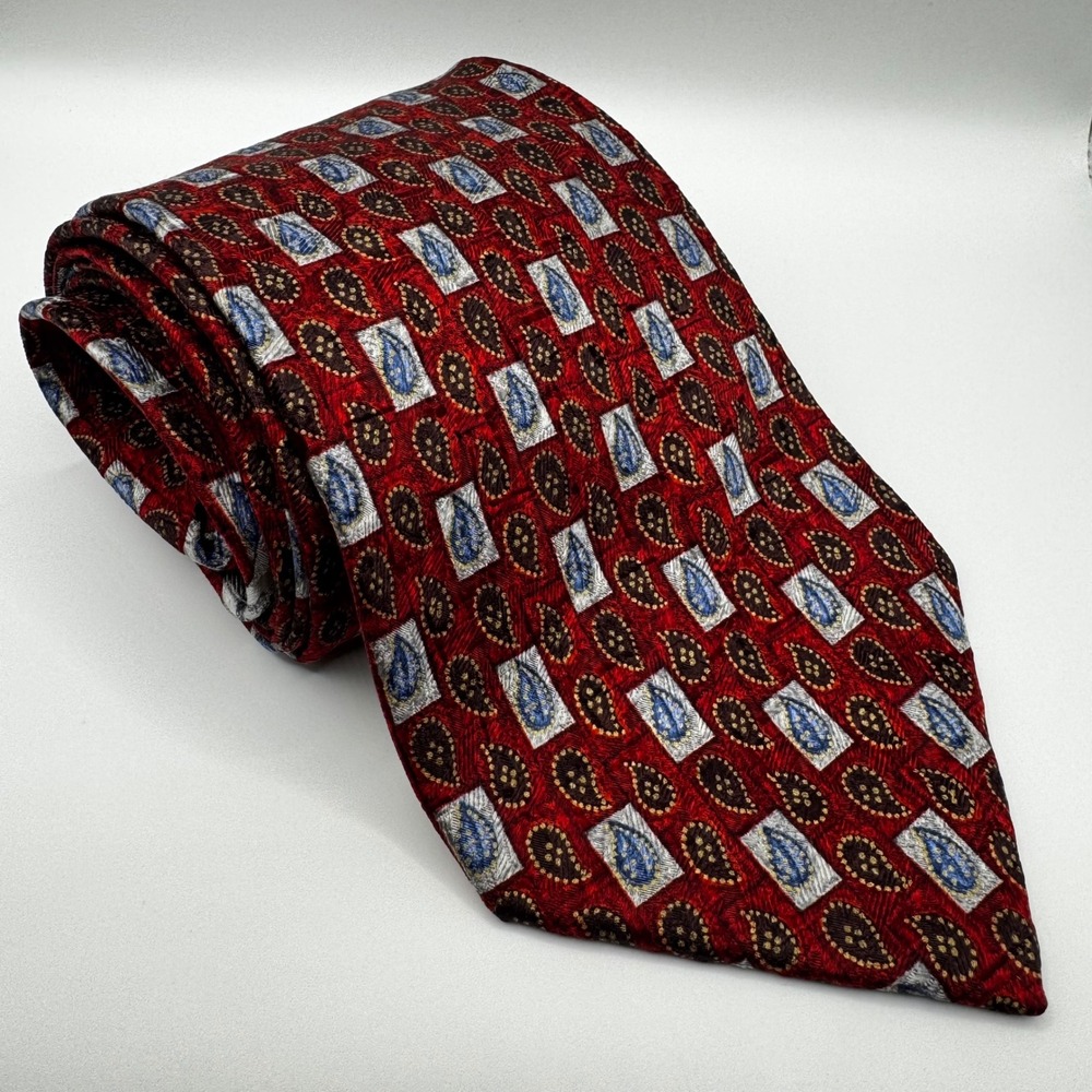 Ermenegildo Zegna Mens Silk Tie Red Blue Geometric Paisley Italy Luxury Designer